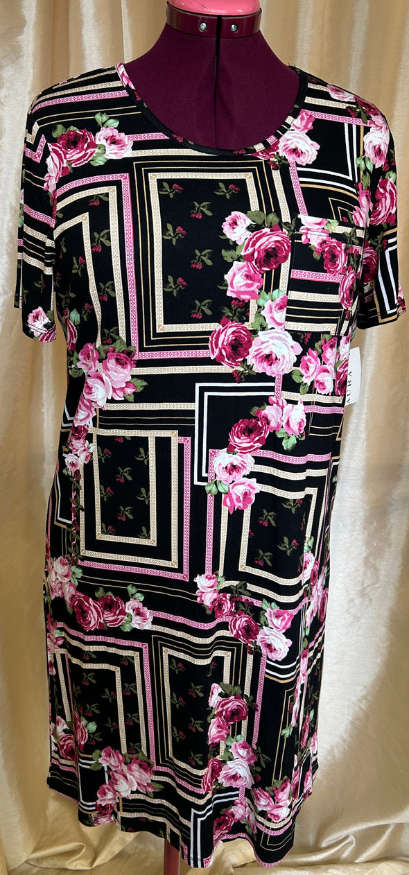 Ladies Short Sleeve Floral Dress, Black/Pink, Size Large