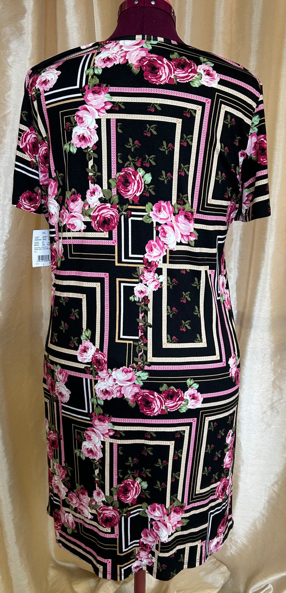 Ladies Short Sleeve Floral Dress, Black/Pink, Size Large