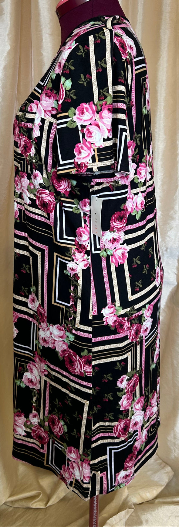 Ladies Short Sleeve Floral Dress, Black/Pink, Size Large