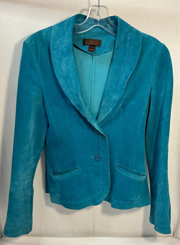 Long Bell Sleeve Suede Crop Jacket, Aqua, Size XS,