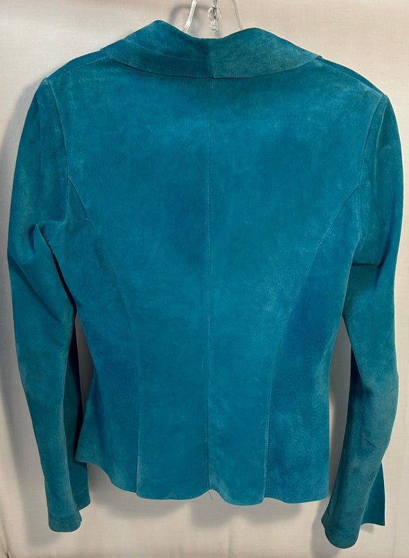 Long Bell Sleeve Suede Crop Jacket, Aqua, Size XS,