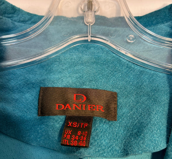 Long Bell Sleeve Suede Crop Jacket, Aqua, Size XS,