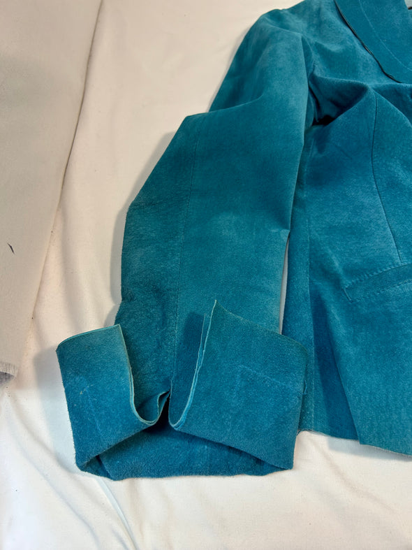 Long Bell Sleeve Suede Crop Jacket, Aqua, Size XS,