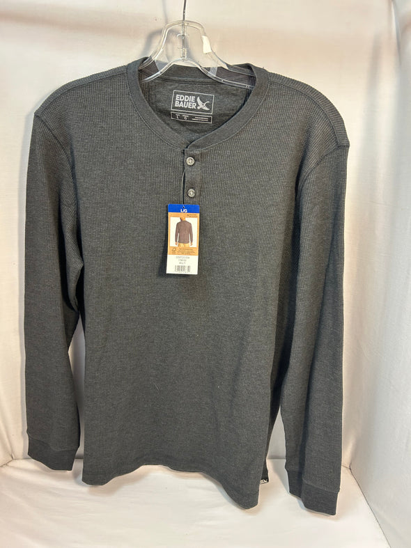 Henley Style Waffle Knit Thermal Long Sleeve Shirt. Grey Size Medium