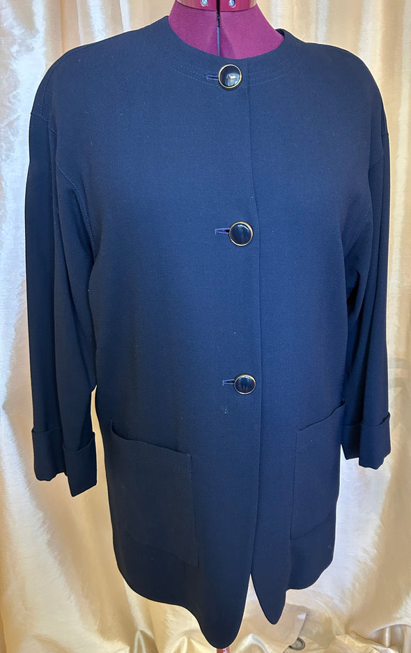 3-Button Long Sleeve Jacket, Navy, Below Hip Length, Large
