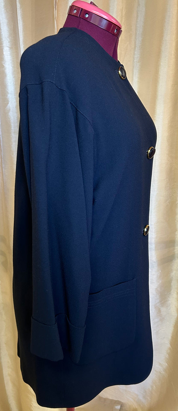 3-Button Long Sleeve Jacket, Navy, Below Hip Length, Large