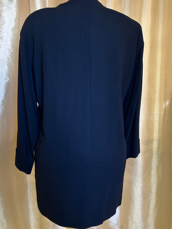 3-Button Long Sleeve Jacket, Navy, Below Hip Length, Large