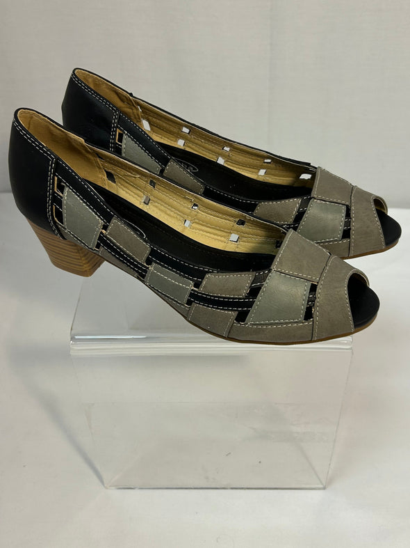 Ladies Open-Toe Pumps, Taupe/Black, 1.5" Heel, Size 38