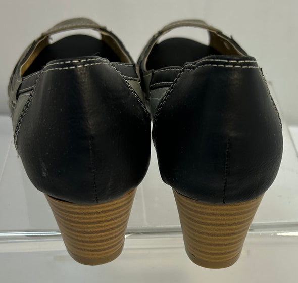 Ladies Open-Toe Pumps, Taupe/Black, 1.5" Heel, Size 38