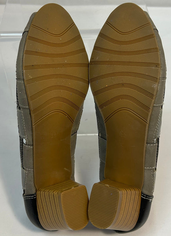 Ladies Open-Toe Pumps, Taupe/Black, 1.5" Heel, Size 38