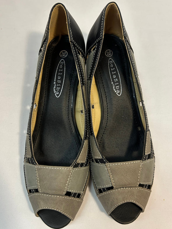 Ladies Open-Toe Pumps, Taupe/Black, 1.5" Heel, Size 38