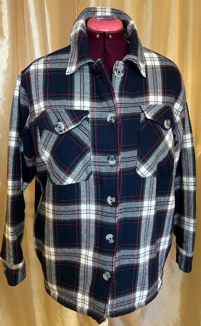 Sherpa-Like Lined Shirt, Navy Check, Medium