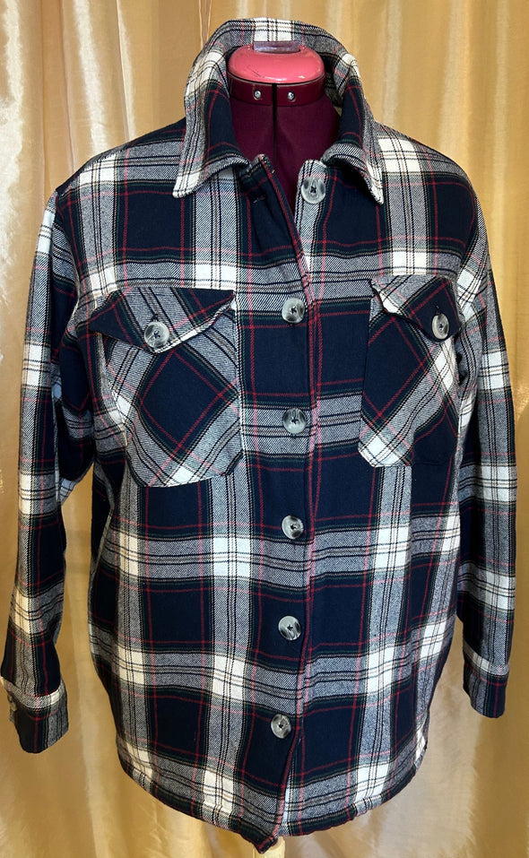 Sherpa-Like Lined Shirt, Navy Check, Medium