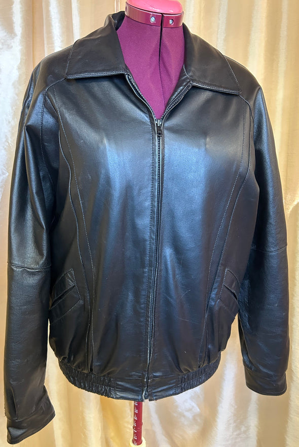 Lined Leather Bomber Jacket, Black, Medium, Like New