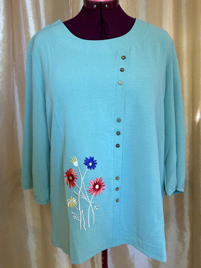 Long Sleeve Blouse With Floral Embroidery Trim, Green, 2XL, NEW