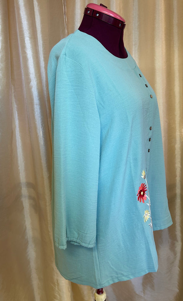 Long Sleeve Blouse With Floral Embroidery Trim, Green, 2XL, NEW