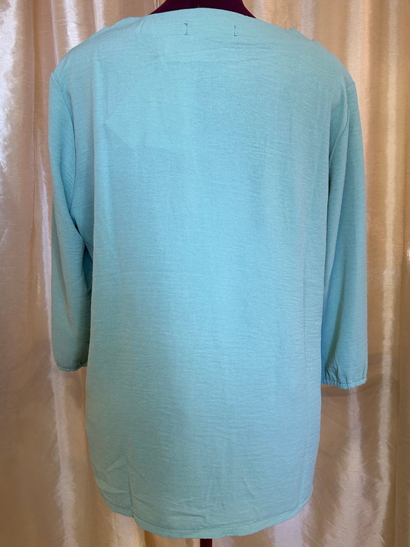 Long Sleeve Blouse With Floral Embroidery Trim, Green, 2XL, NEW