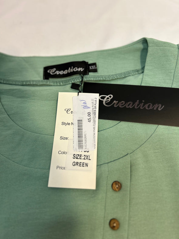 Long Sleeve Blouse With Floral Embroidery Trim, Green, 2XL, NEW