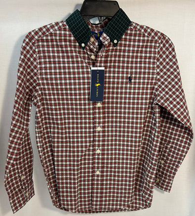 Youth Long Sleeve Plaid Shirt, Red/White, 10-12, 100% Cotton, NEW