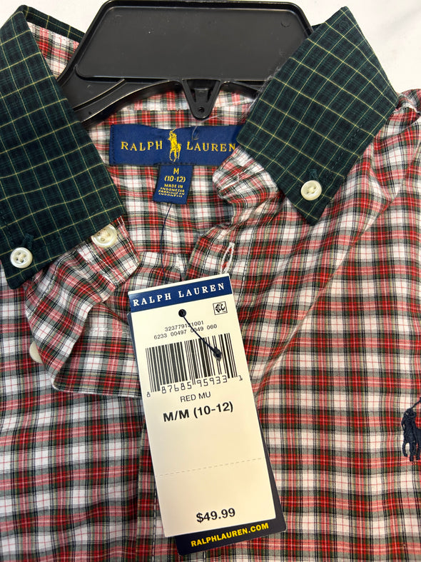 Youth Long Sleeve Plaid Shirt, Red/White, 10-12, 100% Cotton, NEW