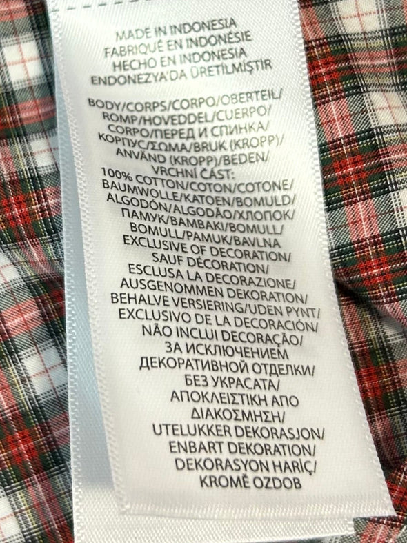 Youth Long Sleeve Plaid Shirt, Red/White, 10-12, 100% Cotton, NEW