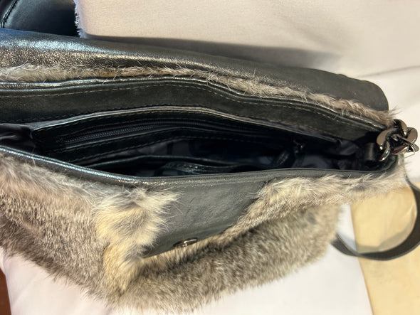 Ladies Cross Body Fur Trimmed Designer Purse, 12" x 10",