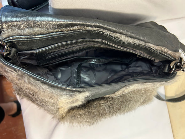 Ladies Cross Body Fur Trimmed Designer Purse, 12" x 10",