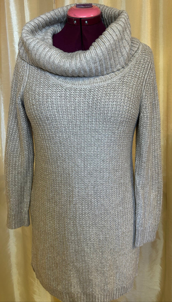 Long Sleeve Cowl Collar Dress, Wheat, Medium Petite