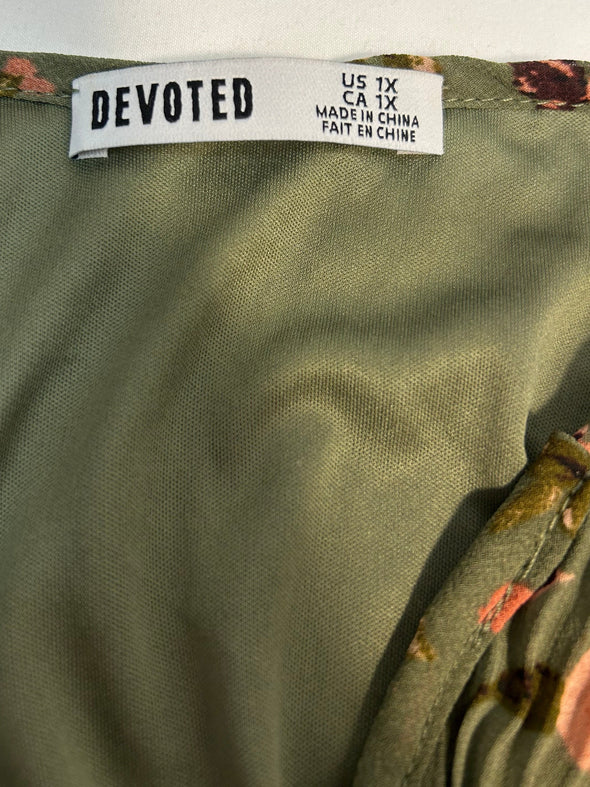 Ladies Long Sleeve Lined Pleated Print Dress, Green, 1X, NEW