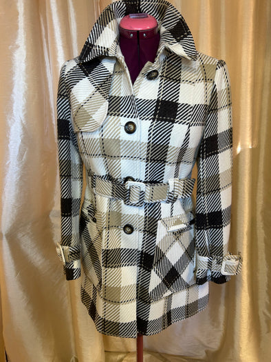 Ladies Plaid Button Front 3/4 Length Trench Coat, Brown, Size 10