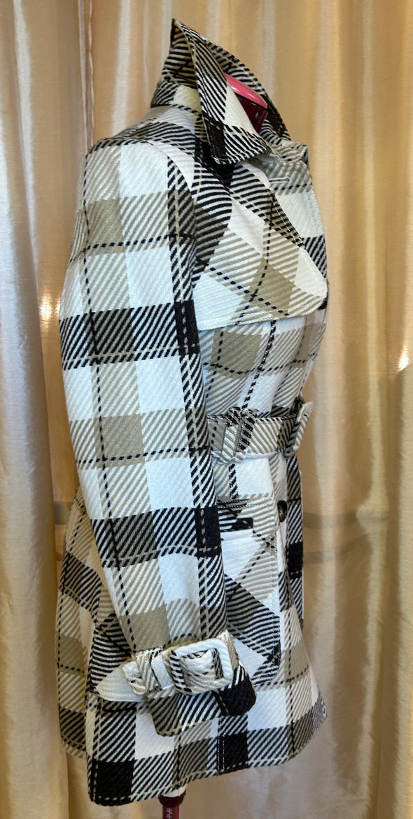 Ladies Plaid Button Front 3/4 Length Trench Coat, Brown, Size 10
