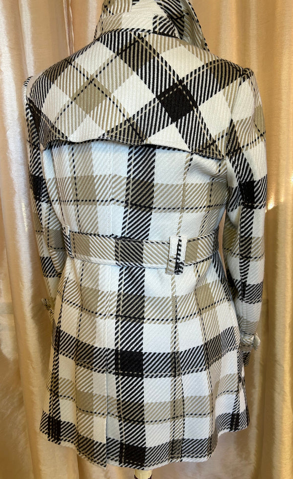 Ladies Plaid Button Front 3/4 Length Trench Coat, Brown, Size 10