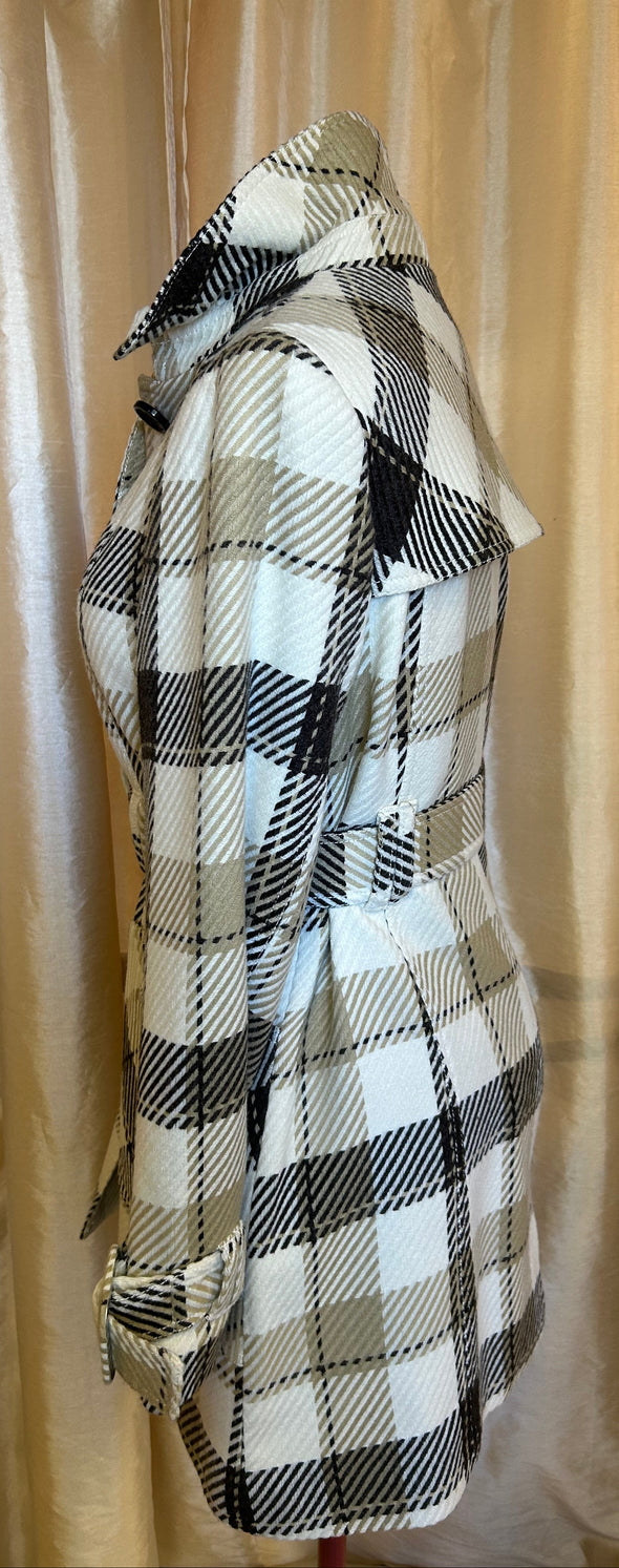 Ladies Plaid Button Front 3/4 Length Trench Coat, Brown, Size 10