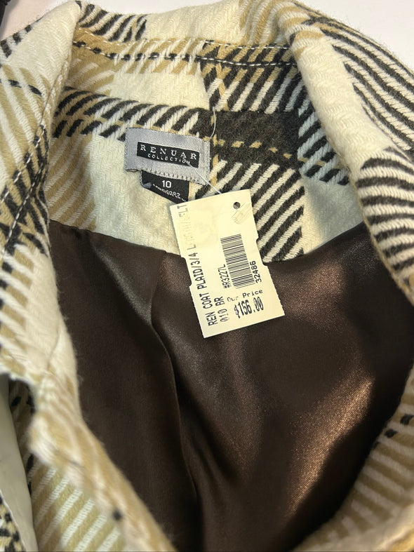 Ladies Plaid Button Front 3/4 Length Trench Coat, Brown, Size 10