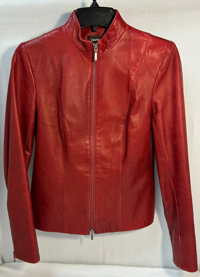 Ladies Short Leather Jacket, Burnt Red, Size XS