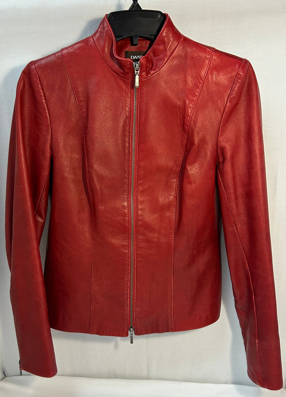 Ladies Short Leather Jacket, Burnt Red, Size XS