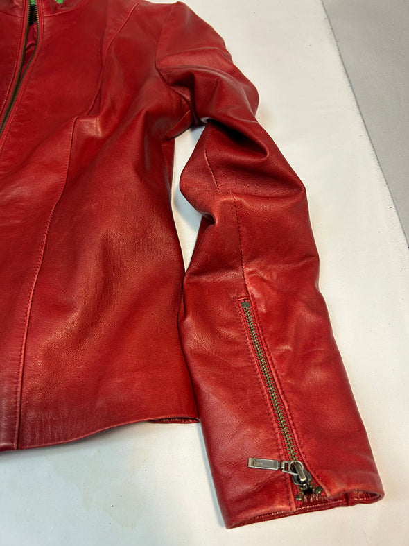 Ladies Short Leather Jacket, Burnt Red, Size XS