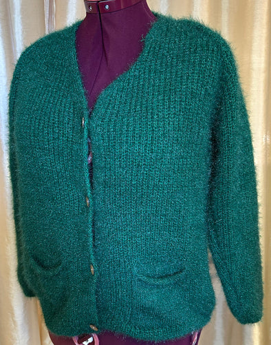 Button Front V-Neck Cardigan, Green, Made in Italy, Acrylic/Wool Blend, NEW