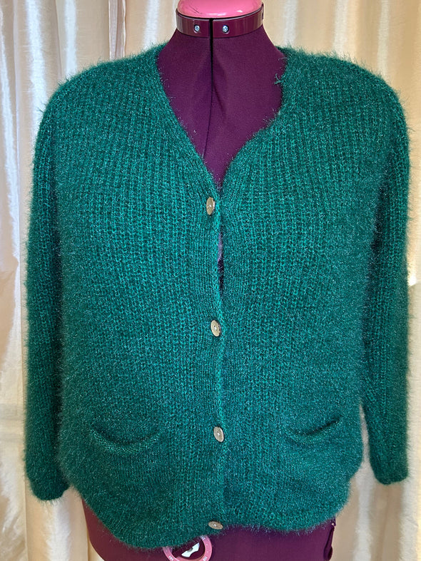 Button Front V-Neck Cardigan, Green, Made in Italy, Acrylic/Wool Blend, NEW