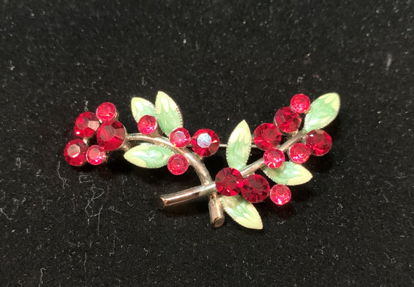 Red Rhinestone and Green Enamel Brooch