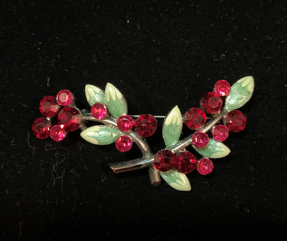 Red Rhinestone and Green Enamel Brooch