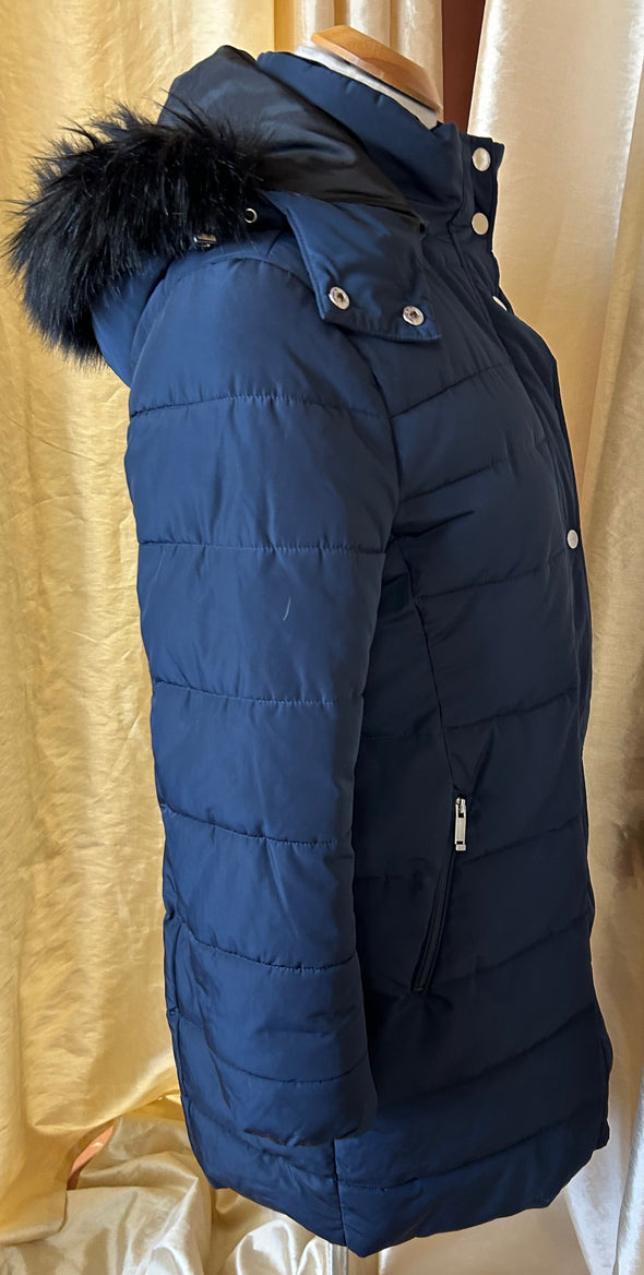 Women’s Winter Coat, Navy, Size Medium, Acrylic, Faux Fur Trim