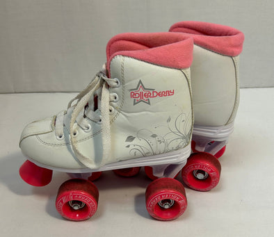 Girl’s Youth Size 2 Roller Skates, White Skates With Pink Wheels.