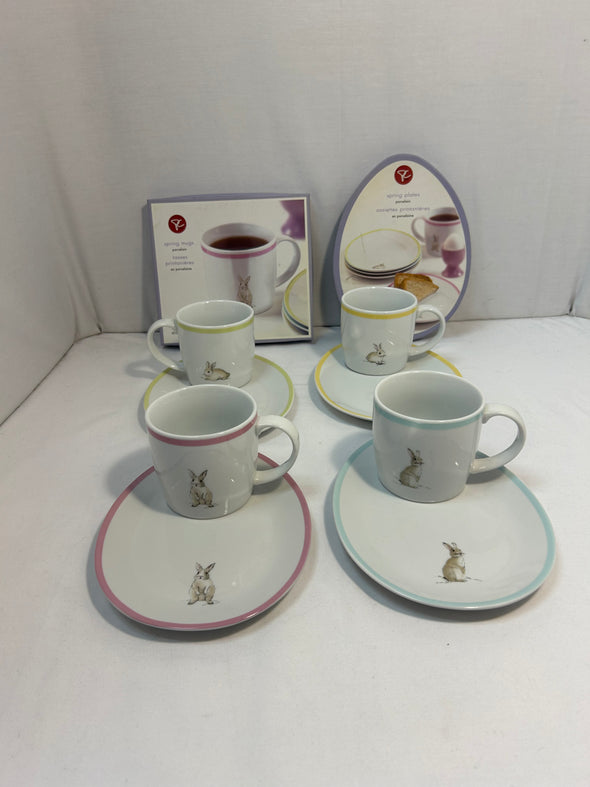 Set of 4 Oval Easter Bunny Plates & Mugs, NEW