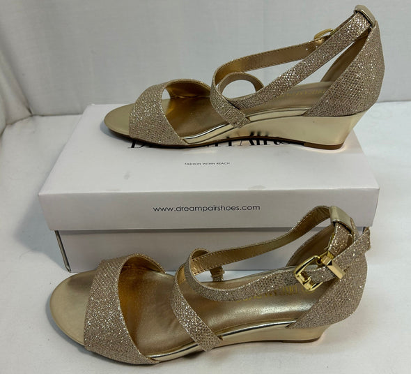 Ladies Evening Sandals, Gold Glitter, Size 8.5