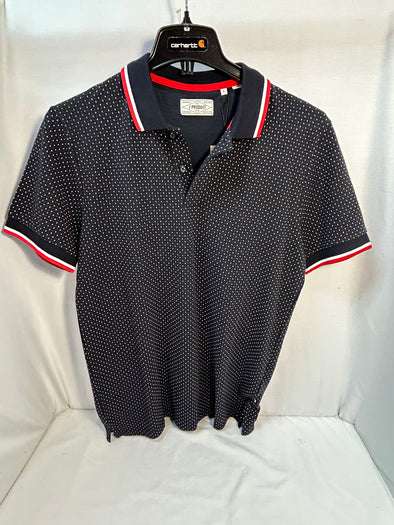 Men’s Short Sleeve Golf Shirt, Navy/White Dot Red Trim, Large, NEW