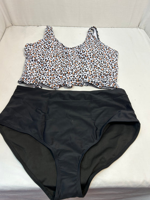 2-Piece Bathing Suit, Black Bottom, Leopard Print Top, Large, NEW