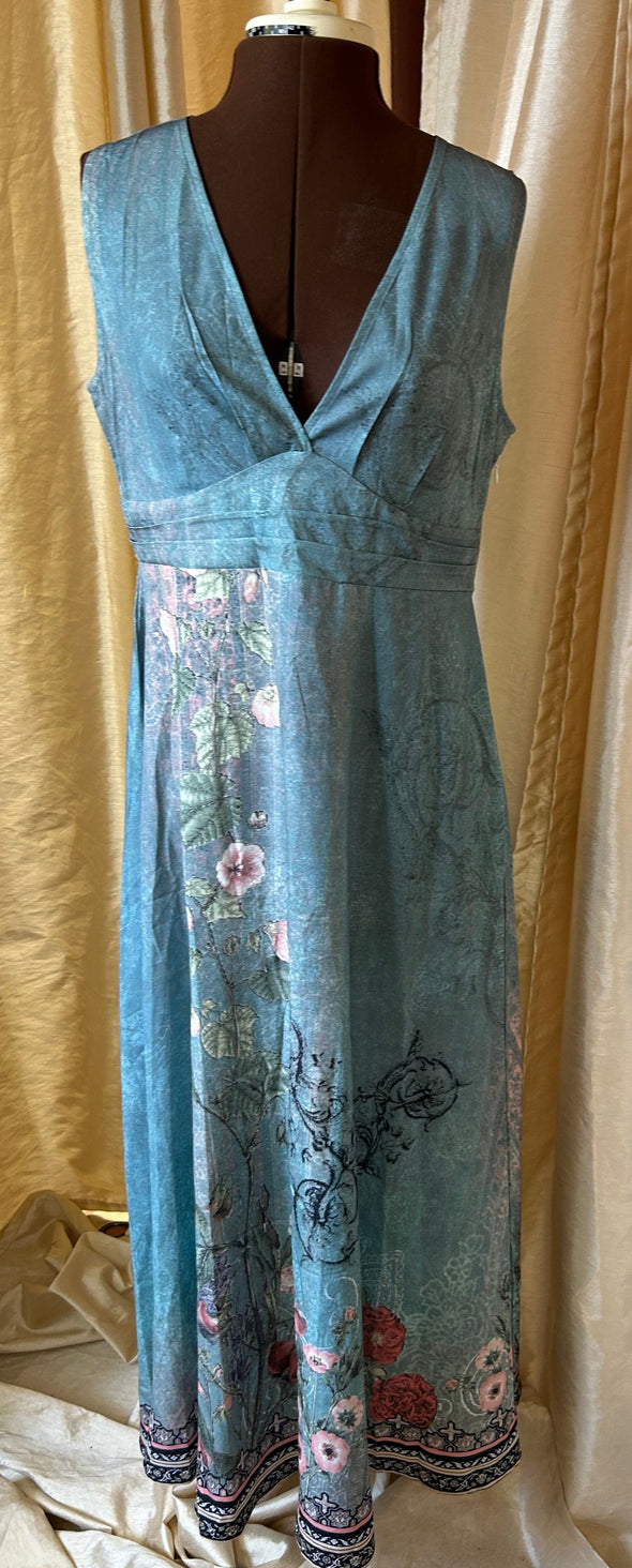 Sleeveless Maxi Dress, Green Floral, Size Large, NEW