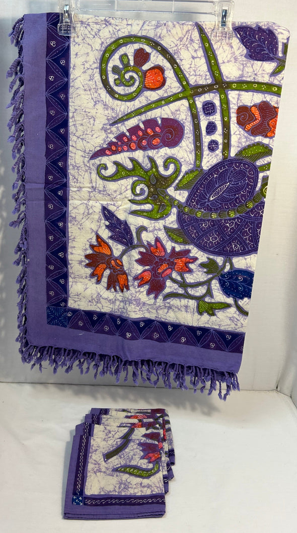 Tablecloth & 6 Napkins, Purple Print With Fringe, 54" x 76", NEW