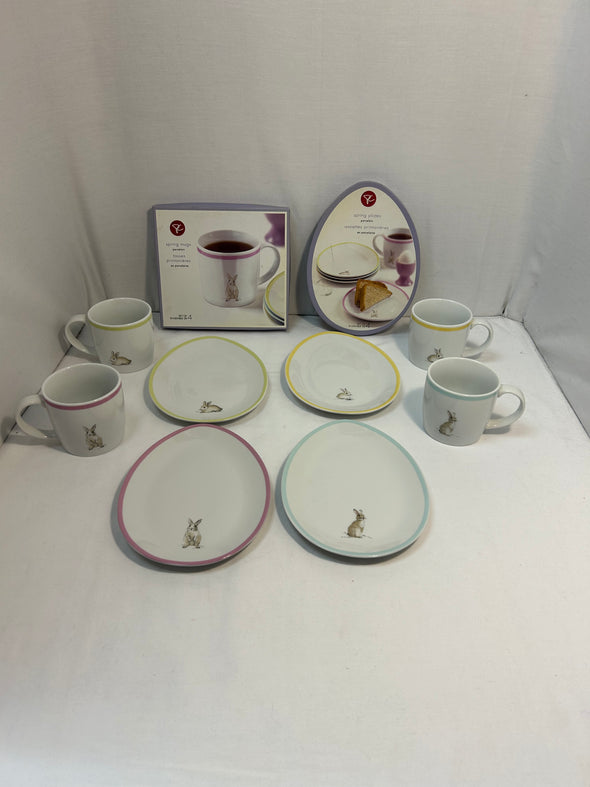 Set of 4 Oval Easter Bunny Plates & Mugs, NEW